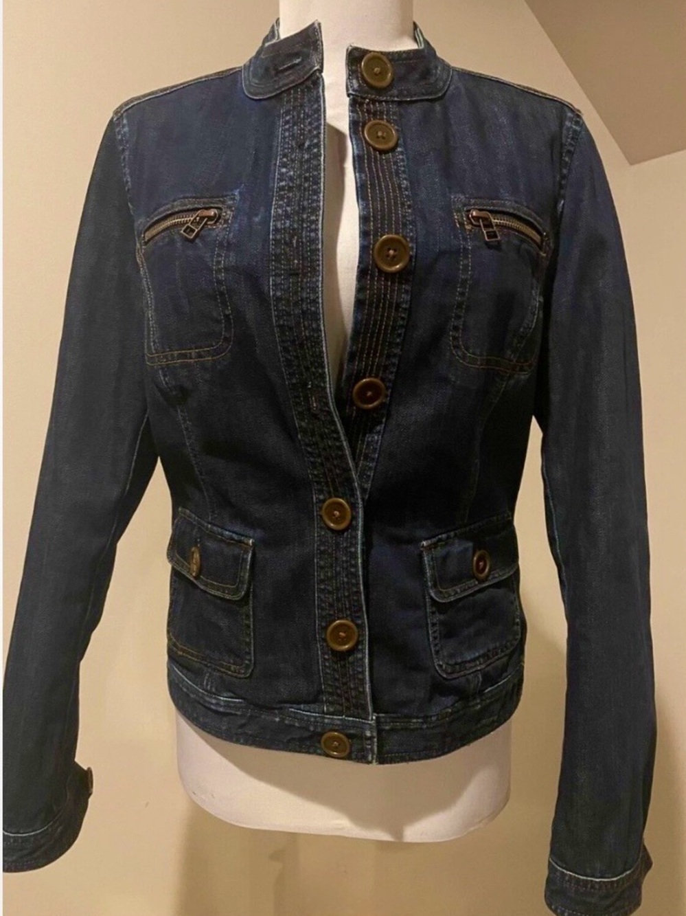Boden Denim Jacket Moto Style Zip Pocket Floral Lining Sz US 6